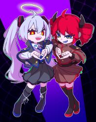 1kg_5mm ahoge alternate_costume alternate_eye_color alternate_hair_color black_background black_boots black_horns black_jacket black_skirt black_thighhighs blue_eyes boots buttons collared_shirt daidaidaidaidaikirai drill_hair fang flat_chest grey_hair hair_between_eyes halo hatsune_miku horns jacket kasane_teto lace-up_boots long_hair long_sleeves looking_at_viewer mini_person miniskirt open_clothes open_jacket open_mouth purple_background red_hair sharp_teeth shirt shoulder_boards skirt symbol-shaped_pupils teeth thigh_boots thighhighs thumbs_down twin_drills twintails upper_teeth_only utau vocaloid wing_collar zettai_ryouiki