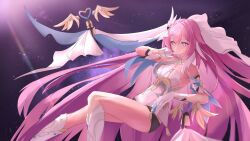 1girl absurdres bare_shoulders black_shorts boots breasts chinese_commentary commentary_request corset diamond-shaped_pupils diamond_(shape) elysia_(herrscher_of_human:_ego)_(honkai_impact) elysia_(honkai_impact) garter_straps highres honkai_(series) honkai_impact_3rd large_breasts long_hair micro_shorts pink_hair purple_eyes sercet shorts sky solo star_(sky) starry_sky symbol-shaped_pupils thighs veil very_long_hair white_boots white_corset white_garter_straps white_veil