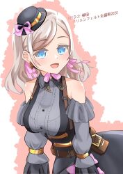 Rule 34 | 1girl, :d, bare shoulders, black hat, blue eyes, breasts, ceras yanagida lilienfeld, clothing cutout, collared shirt, commentary request, corocoro567, corrupted twitter file, cowboy shot, frilled shirt collar, frills, grey hair, grey shirt, hair ribbon, hashtag, hat, highres, large breasts, link! like! love live!, long hair, looking at viewer, love live!, official alternate costume, open mouth, pink ribbon, retrofuture (love live!), ribbon, shirt, shoulder cutout, smile, solo, tilted headwear, virtual youtuber