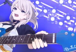 1girl absurdres black_nails black_shirt commentary earclip electric_guitar english_commentary girls_band_cry grey_eyes grey_hair guitar highres holding holding_guitar holding_instrument instrument kawaragi_momoka long_hair microphone multicolored_hair nail_polish open_mouth roots_(hair) shimizu_keitaro shirt short_sleeves solo stage_lights