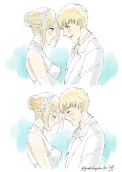 Rule 34 | 1boy, 1girl, annie leonhart, armin arlert, artist name, bare shoulders, blonde hair, blue eyes, blush, bow, bowtie, breasts, closed eyes, closed mouth, commentary request, dress, formal clothes, grasshopper193, hair bun, hair ornament, hairband, hetero, looking at another, multiple views, open mouth, shingeki no kyojin, short hair, single hair bun, sleeveless, sleeveless dress, small breasts, suit, twitter username, white dress, white hairband, white suit