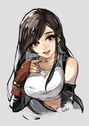 1girl bare_shoulders black_hair black_sleeves breasts brown_eyes collarbone crop_top cropped_torso detached_sleeves earrings final_fantasy final_fantasy_vii fingerless_gloves gloves highres jewelry large_breasts long_hair looking_at_viewer midriff open_mouth pink_lips red_gloves solo swept_bangs tank_top teeth tifa_lockhart upper_body upper_teeth_only uzutanco white_tank_top