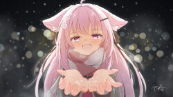 1girl :d ahoge animal_ear_fluff animal_ears blush cat_ears commentary_request commission coreytaiyo dated flower fringe_trim grey_jacket hair_flower hair_intakes hair_ornament hairclip hands_up highres jacket long_hair looking_at_viewer nose_blush open_clothes open_jacket open_mouth original pink_hair purple_eyes scarf signature skeb_commission smile solo upper_body very_long_hair white_flower