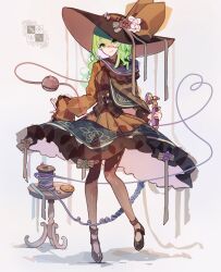 1girl alternate_costume black_shoes dress full_body green_eyes green_hair hair_between_eyes hat highres holding holding_phone kaliningradg komeiji_koishi long_sleeves looking_at_viewer medium_hair orange_dress pantyhose phone puffy_sleeves ribbon shoes smile solo third_eye touhou