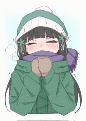 akiiro_biyori beanie black_hair blunt_bangs blush bow closed_eyes coat flower green_coat green_hat green_jacket hair_flower hair_ornament hat highres izumi-no-kami_kanesada_(tenka_hyakken) jacket long_hair mittens own_hands_together personification purple_scarf ribbon scarf shaking tenka_hyakken white_bow white_pom_poms white_ribbon