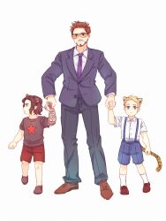 3boys aged_down animal_ears animification arm_up avengers_(series) bear_ears black_hair black_pants black_shirt blonde_hair blue_eyes blue_shorts brown_eyes brown_footwear brown_hair buttons child chinese_commentary clenched_hand closed_mouth collared_shirt commentary_request facial_hair formal_clothes full_body highres holding holding_hands jacket bucky_barnes kemonomimi_mode lapels leg_up long_sleeves looking_at_viewer looking_to_the_side male_focus marvel multiple_boys necktie pants pink-tinted_eyewear prosthesis prosthetic_arm purple_jacket purple_necktie red_shorts shirt shoes short_hair short_sleeves shorts simple_background smile socks standing standing_on_one_leg star_(symbol) star_print steve_rogers suit sunglasses suspender_shorts suspenders t-shirt tail tiger_ears tiger_tail tinted_eyewear tony_stark white_background white_shirt white_socks wodeyongheng