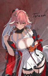 1girl absurdres artist_name bare_shoulders black_jacket black_thighhighs blush bodysuit braid breasts changli_(wuthering_waves) cleavage closed_mouth colored_extremities commentary cowboy_shot dress english_commentary hair_extensions hair_ornament highres jacket large_breasts long_hair looking_at_viewer multicolored_hair pink_hair red_hands ring_hair_extensions smile solo thigh_strap thighhighs toresun twin_braids two-tone_hair very_long_hair white_dress white_hair wuthering_waves yellow_eyes
