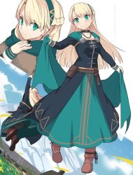 1girl blonde_hair dress fate/grand_order fate_(series) gerda_(fate) green_eyes hairband jewelry jumping long_sleeves mountainous_horizon multiple_views necklace shiseki_hirame