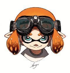 1girl artist_name aviator_goggles blue_eyes bright_pupils closed_mouth commentary_request cropped_shoulders goggles goggles_on_head highres inkling inkling_girl inkling_player_character looking_at_viewer medium_hair nintendo orange_hair pointy_ears shogo_(shogo70449442) solo splatoon_(series) split_mouth sweater tentacle_hair white_background white_pupils white_sweater