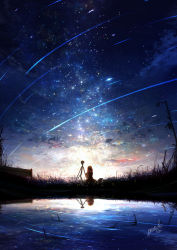 1girl amatsuki_rei beret blue_sky brown_shirt brown_skirt camera grass hat highres light long_sleeves nature night orange_hair original pond red_hat reflection reflective_water scenery shadow shirt signature sitting skirt sky solo space star_(sky) star_(symbol) starry_sky