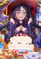 1girl absurdres asahi_(vjss4548) birthday_cake black_choker black_hair blueberry blurry blurry_background blush bottle box breasts brooch cake choker clenched_hands confetti cup donut drinking_glass earrings floating_hair food fruit fur_collar genshin_impact gift green_eyes hands_up happy_birthday hat highres jewelry medium_breasts mona_(genshin_impact) open_mouth plate single_earring solo sparkle star_(symbol) star_earrings strawberry strawberry_cake twintails waffle witch_hat