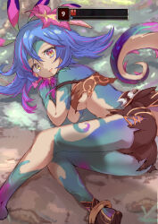 1girl bare_shoulders blue_hair breasts colored_skin flower green_skin hair_flower hair_ornament highres league_of_legends lizard_tail long_hair lying medium_breasts neeko_(league_of_legends) on_side orange_eyes pink_flower purple_skin reptile_girl shoes shorts slit_pupils tail tank_top teeth torn_clothes torn_shorts torn_tank_top umagenzin