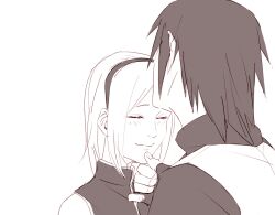 Rule 34 | 1boy, 1girl, black gloves, black hair, boruto: naruto next generations, fingerless gloves, gloves, greyscale, haruno sakura, headband, hetero, husband and wife, kiss, kissing forehead, monochrome, naruto (series), ninja, short hair, simple background, sleeveless, uchiha sasuke, upper body, white background, zifletts