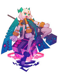 1girl :d aqua_eyes black_boots black_dress blue_eyes blunt_bangs boots cube dragon dragon:_marked_for_death dragon_wings dress facial_mark fang flat_chest forehead_jewel full_body glowing green_eyes hair_ornament hair_tubes highres horns inti_creates leg_up long_hair looking_at_viewer nakayama_tooru official_art open_mouth oracle_(dmfd) short_sleeves simple_background smile solo staff standing standing_on_one_leg thigh_strap weapon white_background white_hair wide_sleeves wing wings