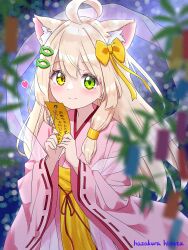 1girl ahoge animal_ear_fluff animal_ears artist_name blonde_hair blurry blurry_foreground blush bow cat_ears cat_girl closed_mouth commentary_request depth_of_field extra_ears fish_hair_ornament green_eyes hagoromo hair_bow hair_ornament hair_tubes hairclip happy hazakura_hinata heart heterochromia highres holding holding_tanzaku japanese_clothes kimono kurumi_(hazakura_hinata) long_hair long_sleeves looking_at_viewer original parallel_hairclips pink_kimono shawl sidelocks smile solo tanabata tanzaku wide_sleeves yellow_bow yellow_eyes