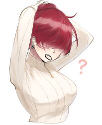 1girl breasts dan_koflove earrings female_focus hair_bun hands_up heart jewelry large_breasts long_hair long_sleeves medium_breasts bad_tag red_hair shermie_(kof) sweater the_king_of_fighters