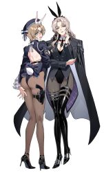 2girls absurdres animal_ears aqua_eyes ass black_coat black_footwear black_hairband black_leotard black_necktie black_pantyhose blush boots breasts brown_hair brown_pantyhose cigarette coat coat_on_shoulders commentary embarrassed fake_animal_ears fake_tail from_behind full_body glasses grey_hair gun hair_ornament hairband hand_up handgun hat high_heel_boots high_heels highres holding holding_cigarette holster holstered jodie_starling kuga_huna large_breasts leotard long_hair long_sleeves looking_at_viewer looking_back meitantei_conan multiple_girls necktie open_mouth pantyhose parted_bangs parted_lips patent_boots patent_heels playboy_bunny pumps rabbit_ears rabbit_tail revolver shoes simple_background smile standing stiletto_boots stiletto_heels symbol-only_commentary tail thigh_boots thigh_holster thigh_strap thighs vermouth_(meitantei_conan) weapon white_background