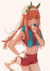 1girl animal_ears aqua_eyes blunt_bangs closed_mouth cowboy_shot crop_top ear_covers emyo hand_on_own_chin hand_on_own_hip highres horse_ears horse_girl horse_tail long_hair midriff navel orange_hair red_shorts revision short_shorts shorts silence_suzuka_(umamusume) simple_background sleeveless solo sweat tail thighs umamusume white_background