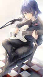 1girl =_hair_ornament bass_guitar black_nails black_pants black_shirt black_shoes blue_hair bocchi_the_rock! chair checkered_floor collared_shirt crossed_legs full_body highres instrument kei_ayada leg_on_another&#039;s_leg long_sleeves looking_at_viewer microphone music nail_polish on_chair pants parted_lips playing_instrument shirt shoes short_hair sitting solo yamada_ryo yellow_eyes