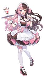 1girl apron artist_name black_bow black_bowtie black_ribbon black_shoes blue_bow blue_eyes bow bowtie breasts brooch brown_hair cleavage dress food frilled_wrist_cuffs frills full_body hair_bow heart heart_brooch highres holding holding_tray jewelry large_breasts long_hair maid_headdress multicolored_dress one_eye_closed open_mouth parfait peta_(snc7) pink_bow pink_hair pink_ribbon ribbon shoes smile solo tachibana_hinano thighhighs tray virtual_youtuber vspo! waitress white_apron white_background white_thighhighs white_wrist_cuffs wrist_cuffs