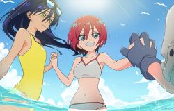 1boy 2girls amate_yuzuriha black_hair blue_sky cloud cloudy_sky gundam gundam_gquuuuuux highres holding_hands multiple_girls nyaan_(gundam_gquuuuuux) ocean pov red_hair short_hair shuji_ito sky sunglasses teruya_(6w6y) water