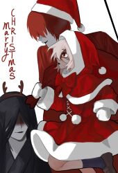 1girl 2boys antlers black_hair black_kimono blood blood_on_face capelet coat commentary dress english_commentary english_text fake_antlers hat heroine_(homicipher) highres holding holding_sack homicipher horns japanese_clothes kimono merry_christmas mittens mjk_r18 mr._crawling mr._scarletella multiple_boys red_capelet red_coat red_dress red_eyes red_hair reindeer_antlers sack santa_costume santa_hat short_hair simple_background white_background