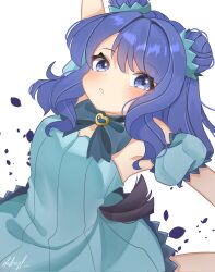 Rule 34 | 1girl, aizawa mint, aqua dress, arm up, armpits, bird girl, bird tail, blue bow, blue eyes, blue hair, blush, bow, breasts, collarbone, dekzyl, double bun, dress, hair bun, hair ornament, highres, medium breasts, mew mint, parted lips, simple background, solo, strapless, strapless dress, tail, tokyo mew mew, tokyo mew mew new, white background