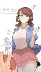 1girl absurdres azz0422 blush breasts brown_eyes brown_hair closed_mouth highres holding holding_poke_ball jacket lass_(pokemon) lass_(pokemon_oras) looking_at_viewer nintendo open_clothes pink_skirt pleated_skirt poke_ball pokemon pokemon_oras scrunchie shirt skirt smile standing twintails white_shirt wrist_scrunchie