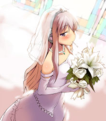 10s 1girl atahuta bare_shoulders bouquet bridal_veil candy dress elbow_gloves female_focus flower food gloves headphones jewelry lollipop long_hair necklace pink_hair purple_eyes rose solo tantei_opera_milky_holmes tooyama_saku veil wedding_dress