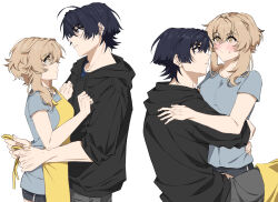 1boy 1girl adam&#039;s_apple alternate_costume apron arms_around_waist black_hair black_hood black_hoodie black_shorts black_sleeves blonde_hair blue_shirt blue_sleeves blunt_ends blush casual clenched_hands closed_mouth collarbone contemporary couple dintoge drawstring earrings eyelashes fingernails genshin_impact grey_pants hair_between_eyes hair_intakes hand_on_another&#039;s_back hands_on_another&#039;s_chest height_difference hetero highres hood hood_down hoodie hug jewelry looking_at_another lumine_(genshin_impact) open_mouth pants purple_eyes scaramouche_(genshin_impact) shirt short_hair short_hair_with_long_locks short_shorts short_sleeves shorts sidelocks sideways_mouth sleeves_rolled_up straddling sweatdrop tareme three-quarter_sleeves tsurime untying upright_straddle white_background white_mouth yellow_apron yellow_eyes