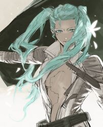 1girl absurdres aqua_eyes aqua_hair belt bloom bodysuit breasts cape cleavage colored_eyelashes combat_knife cosplay expressionless grey_bodysuit hatsune_miku high_collar highres knife knife_sheath linka_guo long_hair loose_belt mature_female metal_gear_(series) metal_gear_solid_3:_snake_eater mole mole_under_eye open_bodysuit open_clothes parody partially_unzipped scar scar_on_chest scene_reference sheath sidelighting simple_background solo the_boss the_boss_(cosplay) twintails upper_body vocaloid weapon white_background worldwide_miku