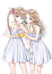 2girls absurdres bare_shoulders blonde_hair blue_reflection_(series) blue_reflection_maboroshi_ni_mau_shoujo_no_ken blunt_bangs braid collarbone dress food fruit green_eyes hair_ornament hair_ribbon hairpin hand_on_own_thigh highres holding holding_food kishida_mel lemon light_smile looking_at_viewer multiple_girls ribbon shijou_raimu shijou_yuzuki standing twin_braids v wavy_hair white_background white_dress