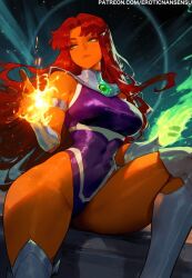 1girl artist_name boots breasts colored_sclera colored_skin dc_comics erotic_nansensu fire gluteal_fold green_sclera highleg highleg_leotard highres large_breasts leotard night night_sky orange_skin purple_leotard sitting sky starfire superhero_costume tamaranean