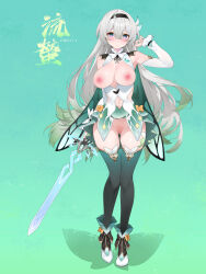 Rule 34 | 1girl, black hairband, black thighhighs, breasts, censored, character name, clothing cutout, commentary, detached sleeves, firefly (honkai: star rail), full body, gluteal fold, gradient background, green background, grey hair, hairband, highres, holding, holding sword, holding weapon, honkai: star rail, honkai (series), large breasts, long hair, looking at viewer, mosaic censoring, navel, navel cutout, no panties, shoes, solo, standing, sword, thighhighs, waterring, weapon, white sleeves