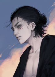 Rule 34 | 1boy, absurdres, adam&#039;s apple, bags under eyes, black shirt, blue sky, cloud, collarbone, eren yeager, expressionless, facial mark, forehead, from side, green eyes, hair bun, highres, lips, looking ahead, male focus, mugoa mugo, open clothes, open shirt, pectorals, scar, shingeki no kyojin, shirt, sky, solo, sunset, titan shifter scars, toned, toned male, updo