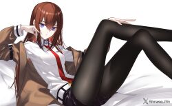 belt black_pantyhose blonde_hair breasts brown_hair coat collared_shirt highres long_hair looking_at_viewer makise_kurisu necktie pantyhose red_necktie shirase_rin shirt shorts small_breasts steins;gate very_long_hair white_shirt