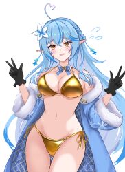 1girl arlonn bikini black_gloves blue_coat blue_hair breasts cleavage coat double_w elf gloves gold_bikini golden_week golden_week_bikini highres hololive large_breasts long_hair pointy_ears simple_background solo swimsuit virtual_youtuber w white_background yellow_eyes yukihana_lamy