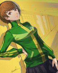 1girl artist_name badge breasts brown_eyes brown_hair button_badge closed_mouth corner50777313 cowboy_shot dutch_angle green_jacket grey_skirt hand_on_own_hip highres indoors jacket long_sleeves looking_at_viewer medium_breasts miniskirt persona persona_4 pleated_skirt satonaka_chie short_hair signature skirt solo track_jacket window yellow_background zipper