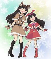 2girls :d ^_^ aged_down alternate_costume animal_ear_hairband animal_ears aqua_background arm_at_side aubrey_(faraway)_(omori) aubrey_(omori) belt black_belt black_boots black_hair blue_background boots bow bowtie brown_capelet brown_dress brown_hairband brown_mittens brown_ribbon capelet child closed_eyes doroidsan double-parted_bangs dress facing_viewer fake_animal_ears full_body fur-trimmed_boots fur-trimmed_capelet fur-trimmed_dress fur-trimmed_gloves fur_trim gloves green_background hair_behind_ear hair_between_eyes hairband high_heel_boots high_heels highres holding_hands knee_boots long_hair mari_(faraway)_(omori) mari_(omori) medium_dress mittens multiple_girls neck_ribbon omori open_mouth outline pigeon-toed pink_bow pink_bowtie pom_pom_(clothes) rabbit_ear_hairband rabbit_ears red_boots red_capelet red_dress red_hairband red_mittens ribbon ribbon-trimmed_gloves ribbon_trim round_teeth santa_costume santa_dress sidelocks simple_background smile snowflake_background standing teeth upper_teeth_only very_long_hair white_outline yellow_background
