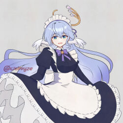 1girl apron artist_name black_dress blue_hair bow bowtie breasts cielrayze dress eyebrows_hidden_by_hair green_eyes grey_background hair_between_eyes halo head_wings honkai:_star_rail honkai_(series) juliet_sleeves large_breasts long_hair long_sleeves looking_at_viewer maid maid_apron maid_day maid_headdress mole mole_under_eye open_mouth puffy_sleeves purple_bow purple_bowtie robin_(honkai:_star_rail) simple_background smile solo very_long_hair white_headdress wings