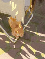 animal animal_focus cat chair closed_eyes cobblestone commentary english_commentary francpizzo highres moss no_humans orange_cat orange_fur original outdoors painting_(medium) sleeping tablecloth traditional_media