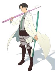 Rule 34 | 1boy, absurdres, alternate weapon, belt, black hair, boots, brown boots, brown sash, coat, dual wielding, full body, green necktie, grey pants, grey shirt, highres, holding, holding toothbrush, holster, knee boots, levi (shingeki no kyojin), long sleeves, looking at viewer, male focus, necktie, pants, parted bangs, sash, shingeki no kyojin, shirt, short hair, solo, suspenders, taso (harutsukimikan), thigh holster, thigh strap, toothbrush, toothpaste, waist sash, weapon, white background, white coat