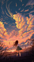 1girl absurdres artist_name barbed_wire black_hair blue_skirt blurry blurry_foreground chinese_commentary city_lights cloud cloudy_sky commentary_request depth_of_field dutch_angle evening field floating_hair from_behind grass highres hkcutie long_hair long_sleeves mountainous_horizon orange_clouds original outdoors pleated_skirt shirt signature skirt sky sky_focus socks solo standing star_(sky) starry_sky straight_hair sun sunset white_shirt white_socks wide_shot wind