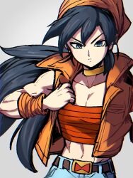 Rule 34 | 1girl, android, android 22 (figmentsaint), bandana, bandeau, belt, belt buckle, black hair, blue eyes, breasts, brown belt, buckle, cleavage, commentary, commission, dragon ball, english commentary, fanwork, gold choker, kemachiku, long hair, low twintails, midriff, orange arm warmers, orange bandana, orange bandeau, orange vest, original, red ribbon army, second-party source, skeb commission, sleeveless, small breasts, strapless, tube top, twintails, very long hair, vest