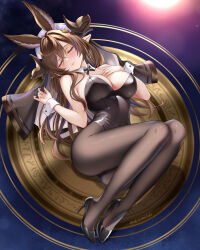 1girl akiei alternate_costume animal_ears bare_shoulders black_leotard black_pantyhose breasts brown_hair brown_horns cleavage closed_eyes closed_mouth commentary_request draph erune extra_ears galleon_(granblue_fantasy) granblue_fantasy hair_between_eyes high_heels highres horns large_breasts leotard long_hair multicolored_hair nontraditional_playboy_bunny pantyhose partial_commentary patent_heels pointy_ears pumps purple_streaks red_soles shoes smile solo stiletto_heels strapless strapless_leotard streaked_hair white_wrist_cuffs wrist_cuffs