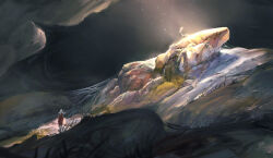 1other armor cape cave cave_interior crack dark glowing_flower grass highres hill light_particles original painterly red_cape refiend rock scenery silk spider_web sunlight white_hair