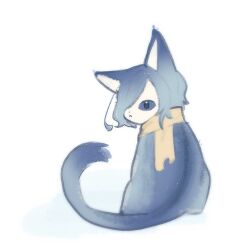 :&lt; ahoge animal_focus animalization blue_cat blue_eyes cat chi_kan100 closed_mouth from_behind hair_over_one_eye kimi_no_koto_ga_dai_dai_dai_dai_daisuki_na_100-nin_no_kanojo nakaji_uto one_eye_covered scarf short_hair simple_background white_background yellow_scarf