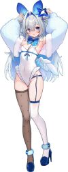1girl :o alternate_costume alternate_hairstyle amane_kanata ankle_cuffs armpits arms_up asymmetrical_legwear blue_bow blue_bowtie blue_hair blue_shoes blue_wings bow bowtie c10h14n2 colored_inner_hair covered_navel cropped_jacket double_bun feathered_wings fishnet_thighhighs fishnets flat_chest frilled_leotard frills full_body fur_jacket gradient_hair gradient_wings grey_hair hair_bun halo hashtag-only_commentary high_heels highres hololive jacket legwear_garter leotard long_hair looking_at_viewer low_wings mini_wings mismatched_legwear multicolored_hair multicolored_wings o-ring o-ring_thigh_strap pink_hair purple_eyes rabbit_pose shoes side_up_bun simple_background single_hair_intake single_wing solo star_halo strapless strapless_leotard streaked_hair tachi-e thigh_strap thighhighs uneven_legwear very_long_hair virtual_youtuber white_background white_jacket white_leotard white_thighhighs white_wings wings