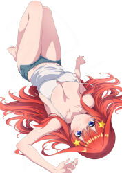 Rule 34 | 1girl, barefoot, blue eyes, blush, breasts, camisole, cleavage, commentary request, dolphin shorts, feet, go-toubun no hanayome, hair ornament, highres, knees up, large breasts, long hair, nakano itsuki, nishizuki shino, no bra, red hair, shorts, simple background, solo, star (symbol), star hair ornament, toes, white background, white camisole