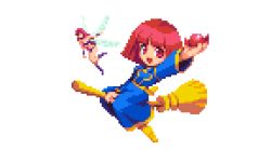 2girls bikini blue_robe bob_cut broom broom_riding candy cotton_(character) cotton_(game) fairy fairy_wings female_focus food full_body multiple_girls open_mouth pixel_art pixelflag red_eyes red_hair robe short_hair silk_(cotton) swimsuit white_background wings witch yellow_footwear